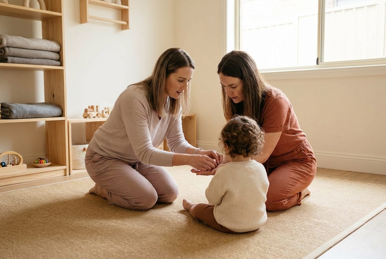 A practitioner and a parent kneel on a rug with a toddler, who sits between them with their back to the camera.