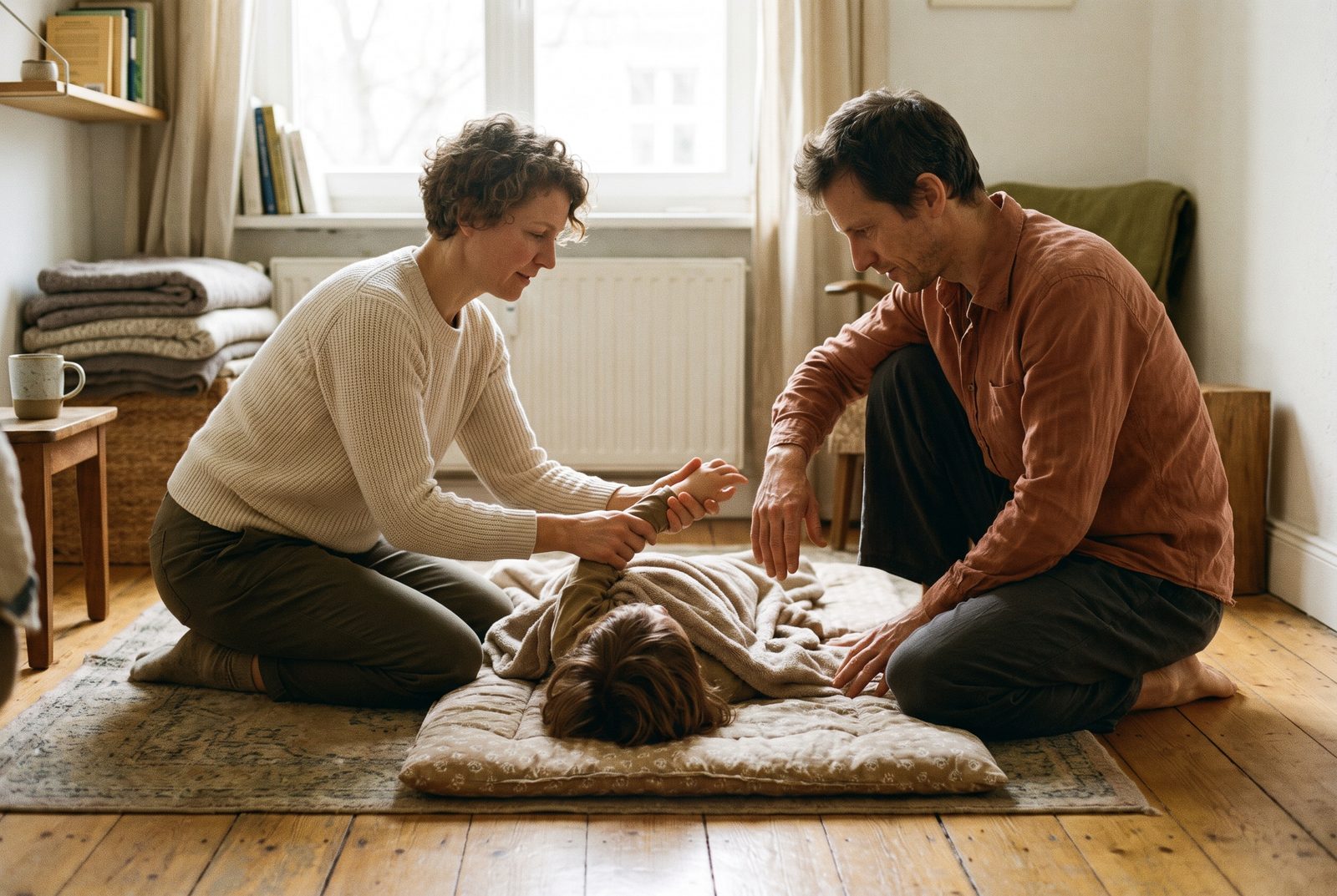A practitioner guides the arm of a child lying on a mat, head to the camera, while the parent kneels opposite and copies the movement.